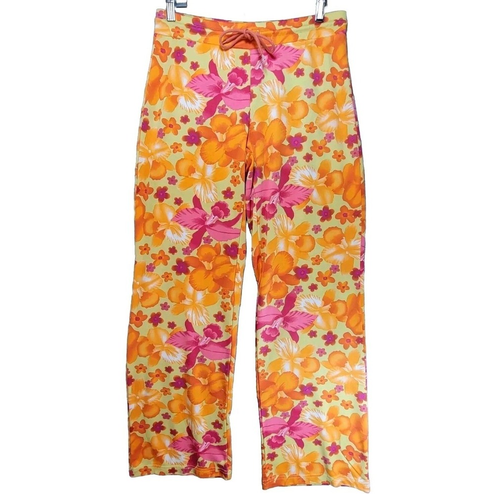 Wide Leg Stretch Floral Pants Womens S Mod Boho Colorful Hippie Disco Flower Tie